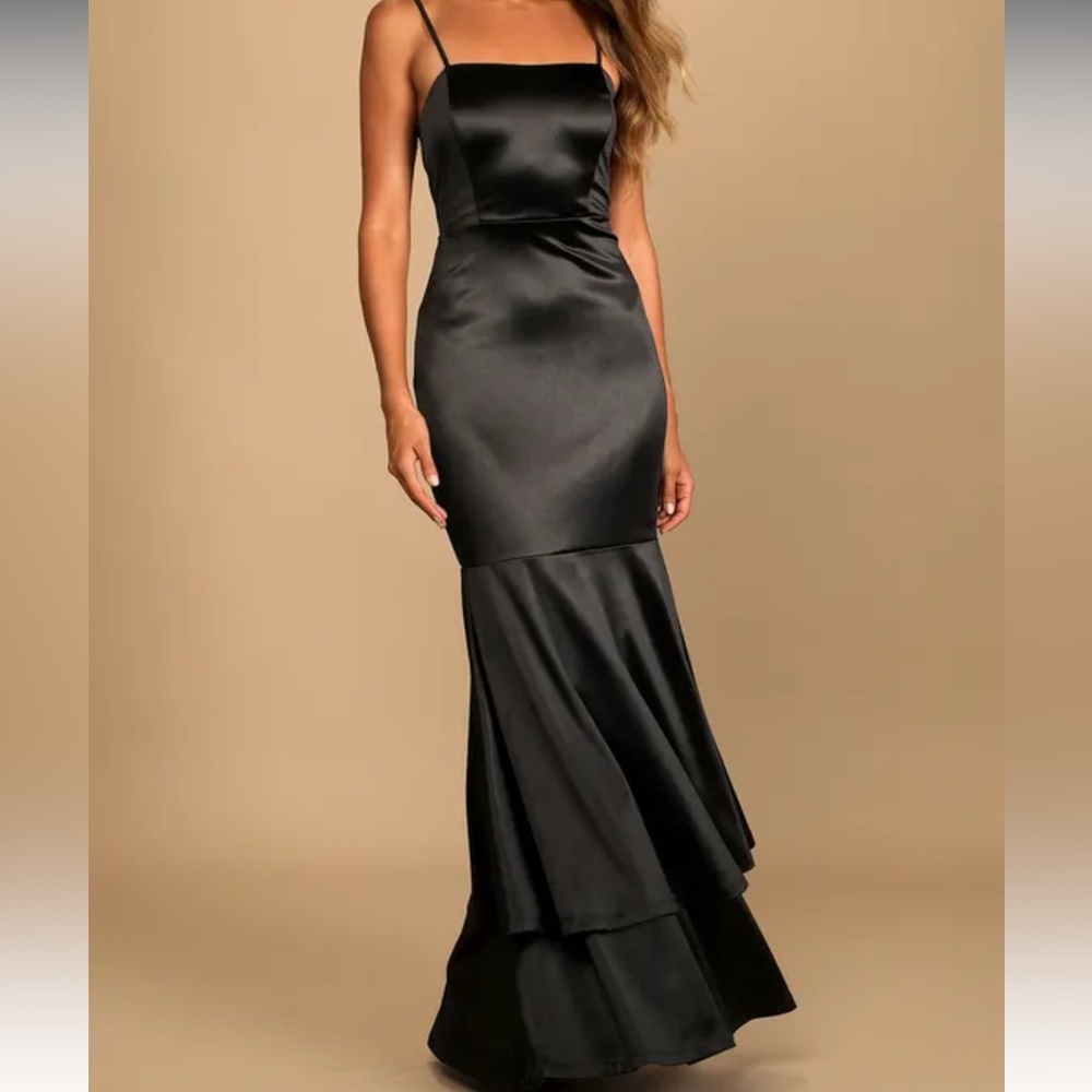 Contemporary Romance Black Satin Tiered Mermaid Maxi Dress